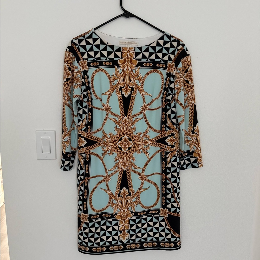 Boston Proper Blue Sheath Dress with Cuffed 3/4 Sleeves